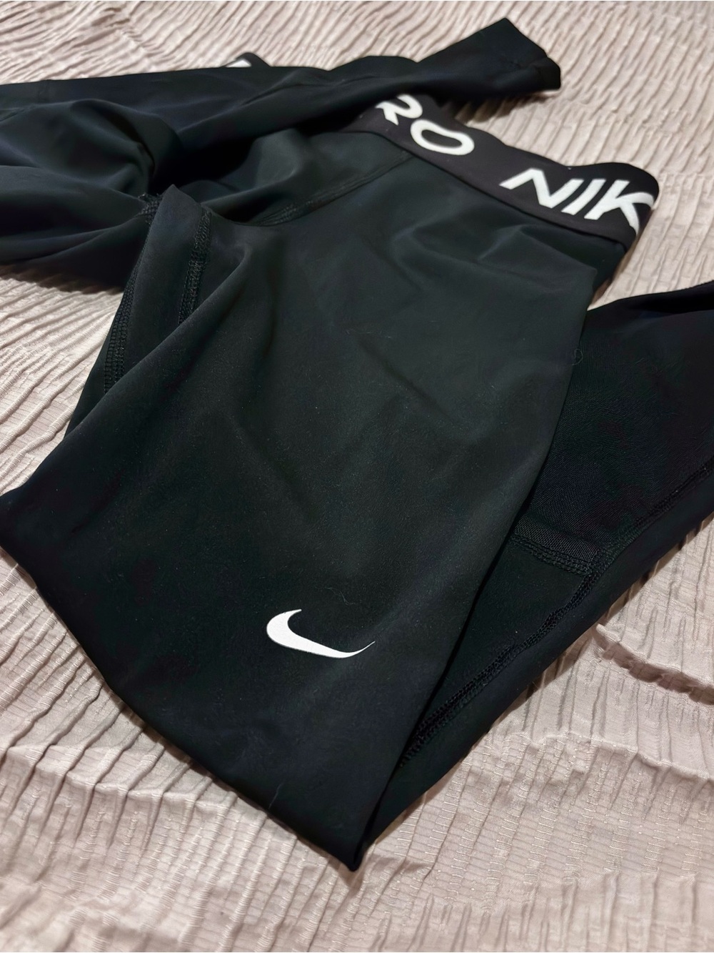 Nike Pro Black Full-Length Leggings with White Swoosh and Branded Waistband
